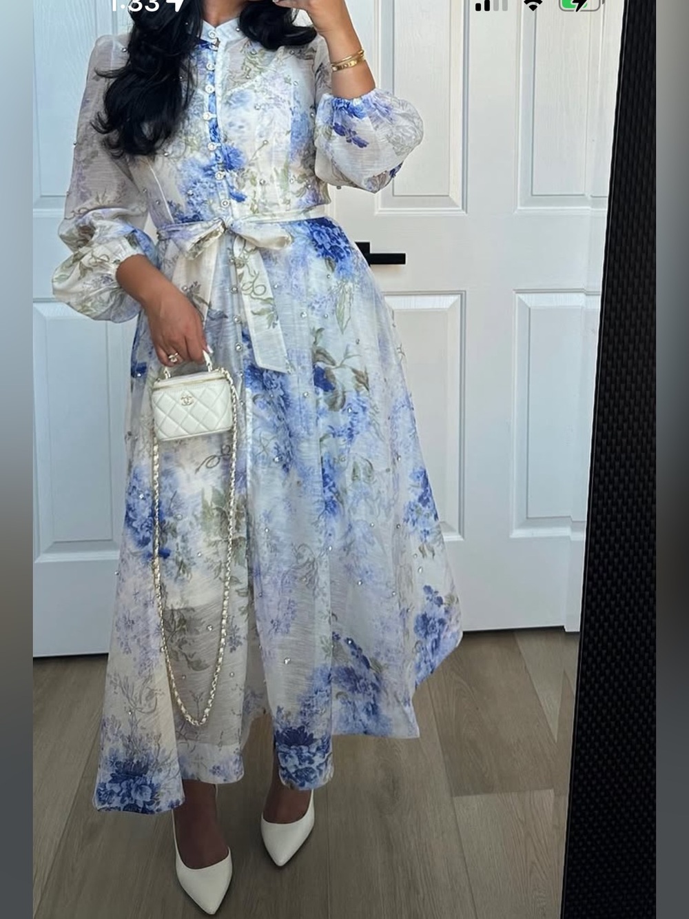 Blue & White Floral Maxi Dress with Tie Waist - Picture 2 of 5